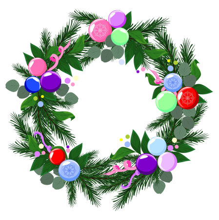 Christmas wreath made of fir branches, eucalyptus, ribbons and balls. New Year card, element for designのイラスト素材