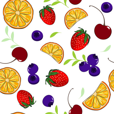 Berries and fruits on a seamless background in vector. Pattern with strawberries, cherries,...