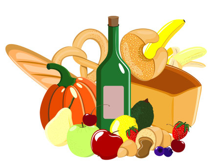 Set of fruits and vegetables, breads, buns, croissants and a bottle of wineのイラスト素材