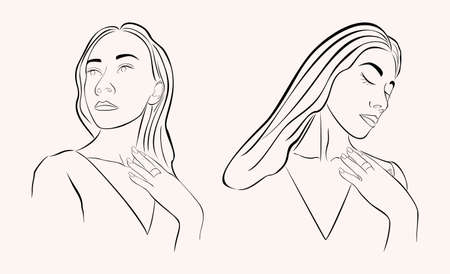 Silhouette of a girl in vector. Contour drawing of a beautiful woman with long hair. Female portraitのイラスト素材