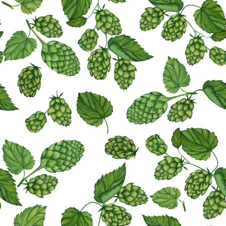 Hops Cones Leaves. Watercolor Seamless Patternの写真素材