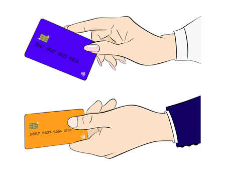 Plastic card in the hand of a woman and a man. Payment for purchases by card. cartoon illustrationのイラスト素材