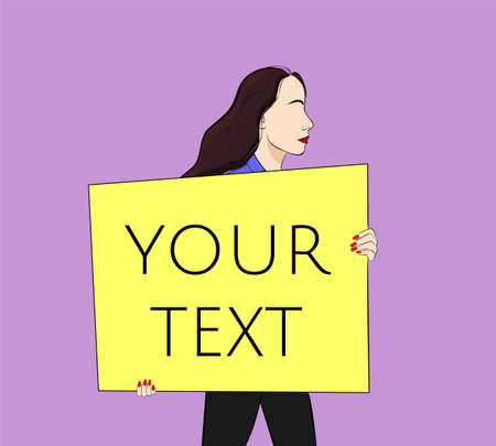 Illustration of a girl with a poster in vector. Make your advertisement.のイラスト素材