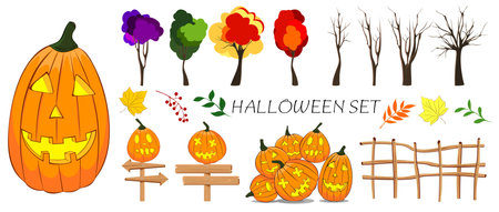 Set of illustrations for halloween. Pumpkin lanterns, silhouette of trees.のイラスト素材