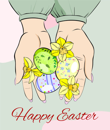 Easter eggs in hands. holiday card vectorのイラスト素材