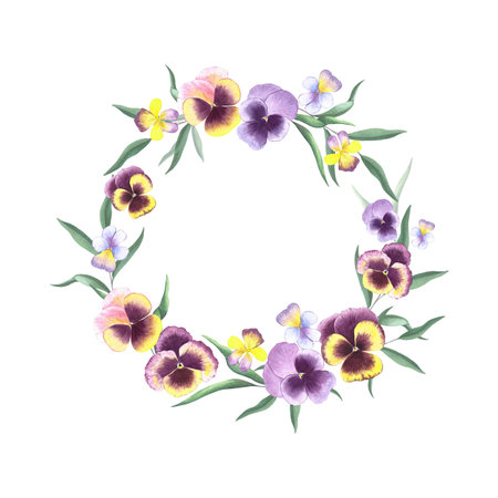 Framing, frame, floral wreath with pansies. watercolor illustration. Floral watercolor composition.の写真素材