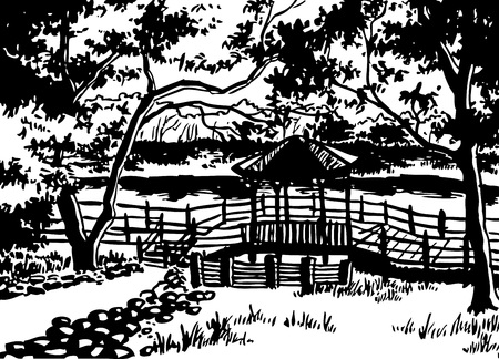 recreation area in a shadow of trees. drawing ink on paperのイラスト素材