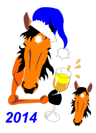 horse New Yearanimal housevector  head  muzzle  blue orange white glass champagne  holiday note drops splashes  cap 2014のイラスト素材