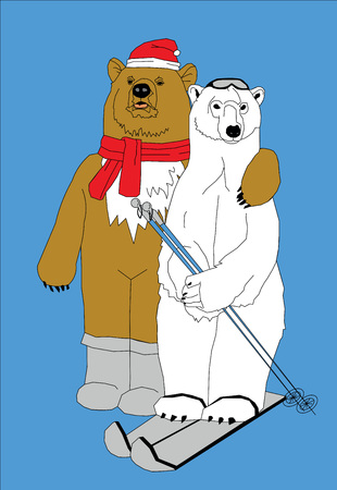 two bears brown and white in skis and winter clothes  sports subjectのイラスト素材