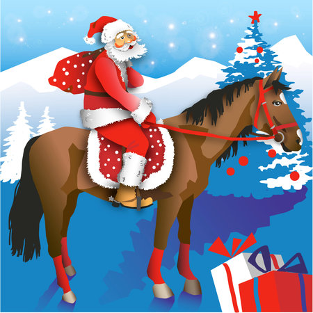 Santa rides on a horse with a bag of gifts on a background of mountains and treesのイラスト素材