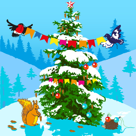 Animals dress up a Christmas tree in winter toys. Forest beauty.のイラスト素材
