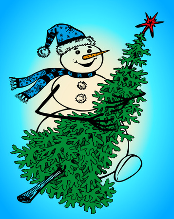Image of a snowman in the cap that carries a Christmas tree.のイラスト素材