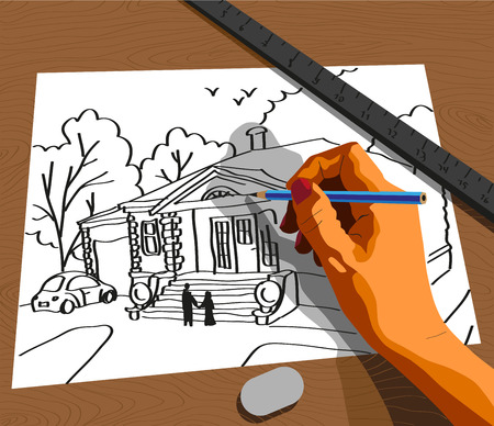 Hand with a pencil drawing on paper house with the machine.のイラスト素材