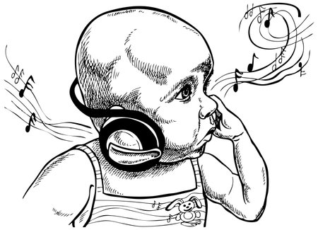 Drawing on paper. Picture of a baby who listens to music on headphones.のイラスト素材