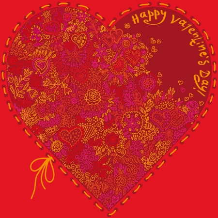 Image of beautiful red heart valentines decorated with curly floral ornaments.のイラスト素材