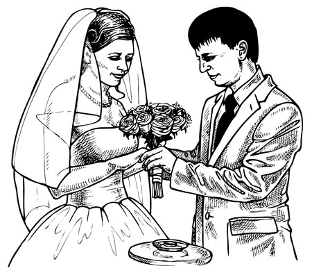 Picture of the bride and groom exchange rings that. Drawing on paper.のイラスト素材