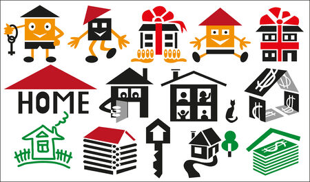 Image of various icons to residential buildings silhouette on a white background のイラスト素材