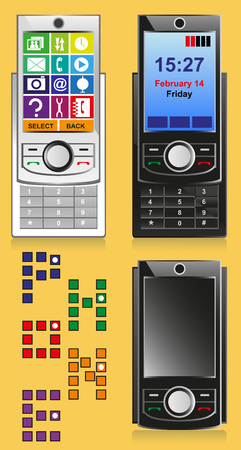Image of one of the sliding phone in white and black folded and unfolded form with a menu のイラスト素材