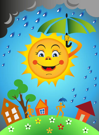 Sun under an umbrella. Rain. Earth with people and houses.のイラスト素材