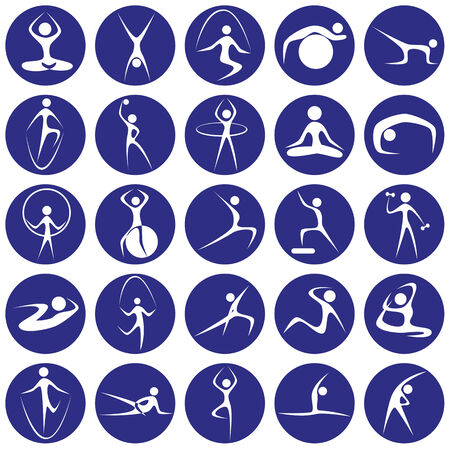 Image of blue icons with silhouettes of girls involved in sports.のイラスト素材