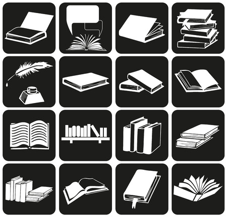 white icons on black background with theme of books and literature.のイラスト素材