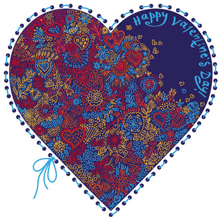 Image of beautiful heart valentines decorated with curly floral ornaments.のイラスト素材