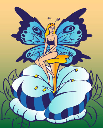 illustration of a beautiful butterfly, girl sitting on a flowerのイラスト素材