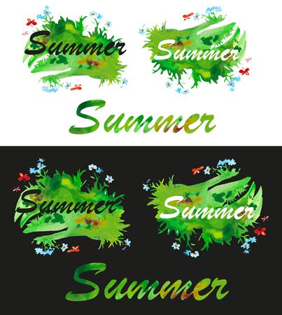 watercolor illustration of a filled and labeled summer on white and black background.のイラスト素材