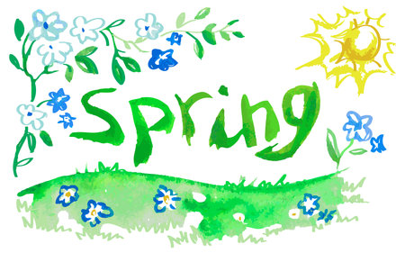 watercolor illustration on white background spring landscape and an inscriptionのイラスト素材