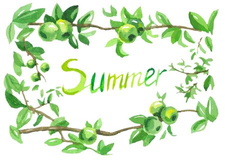 watercolor illustration on a white background summer frame with branches of apples and inscriptionのイラスト素材