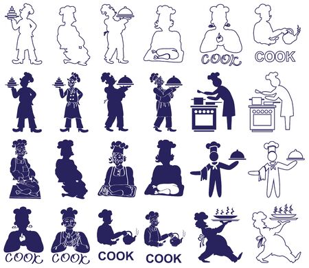 illustration silhouettes and contours cook prepares food on a white backgroundのイラスト素材