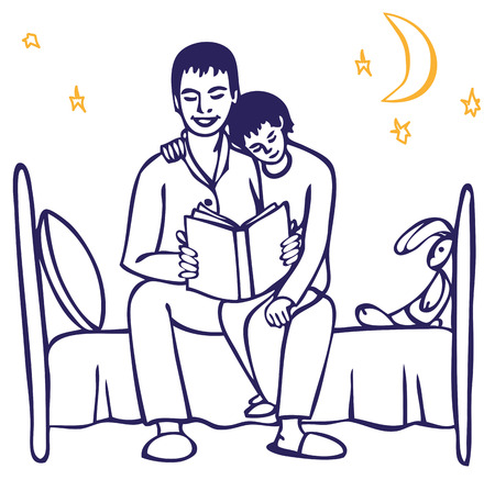 illustration on white background Dad reads the book his son on the bed at nightのイラスト素材