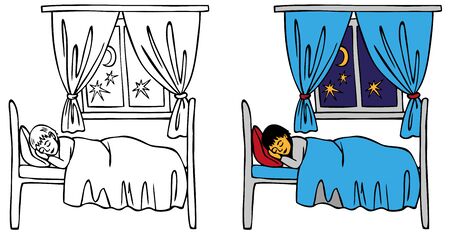 illustration baby boy asleep in bed at night with a window a curtainのイラスト素材