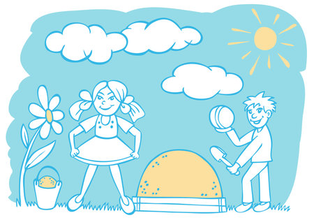 illustration of a boy and a girl with a flower playing in the sandboxのイラスト素材