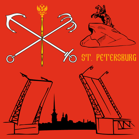 Illustration inscription St. Petersburg Monument to Peter the Great and bridge background of the flagのイラスト素材