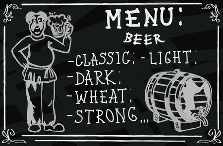drawing on the blackboard man with a beer in hand and a menuのイラスト素材