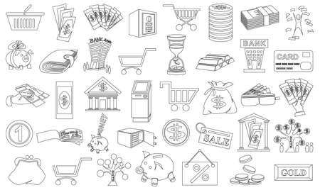 Image of black contour icons on a white background with money.のイラスト素材