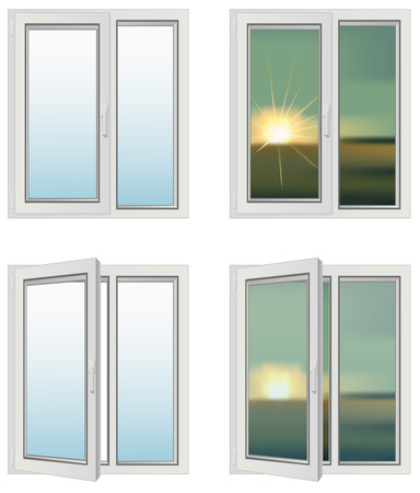 Plastic window closed and open on a white background and the landscape - sunriseのイラスト素材