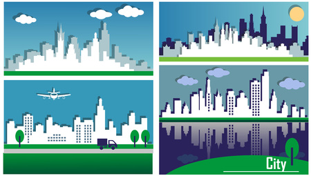 illustration of white silhouettes of big cities in the summer afternoon with shadowsのイラスト素材