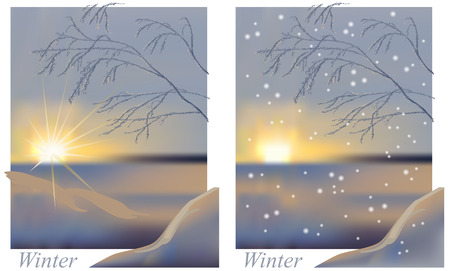 Color illustration of the winter sunrise is snow and a tree branchのイラスト素材