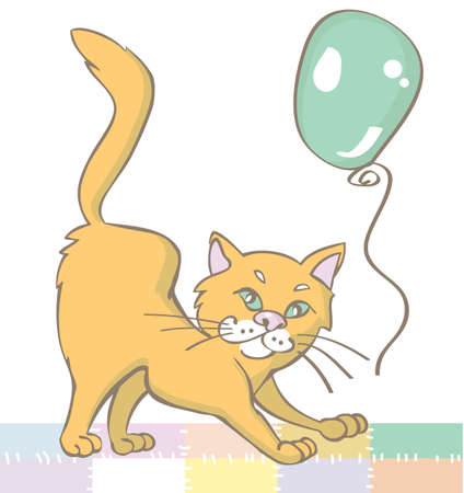 illustration of funny red cat and a green balloonのイラスト素材