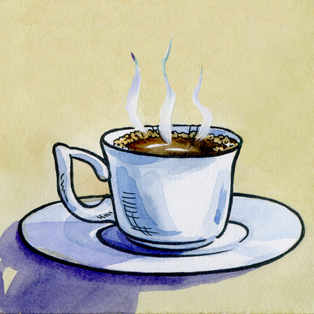 illustration on paper with a hot Cup of coffee or tea watercolorの写真素材