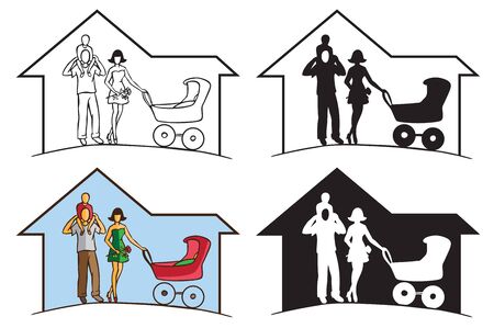 illustration on white background family with stroller and kids in the silhouette of the houseのイラスト素材