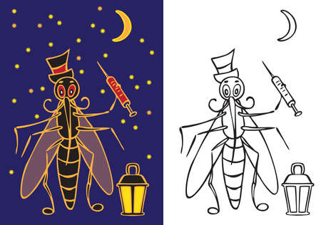 iilustrate character a mosquito with a flashlight and a syringe of blood at nightのイラスト素材
