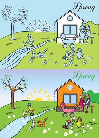 Illustration nature a big happy family spring outdoorsのイラスト素材