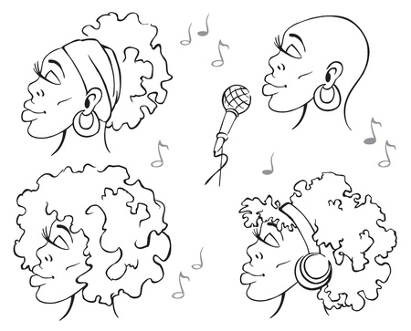 profile face women African-American with different hairstyles and musicのイラスト素材
