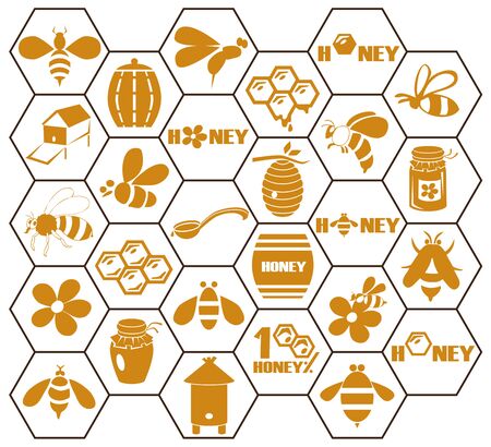icons on white background in comb on the theme of bees and honeyのイラスト素材