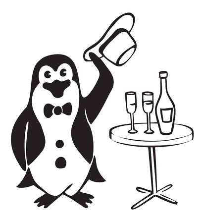 illustration black on white background penguin gentleman in tails took off his hat, is a table with a bottle of wine and two wine glassesのイラスト素材