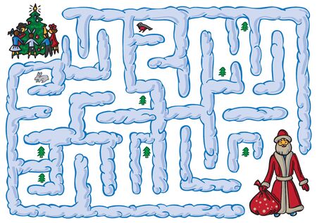 maze on a white background Father Christmas carries a bag of gifts for children through a snowy forest to the tree for the new yearのイラスト素材