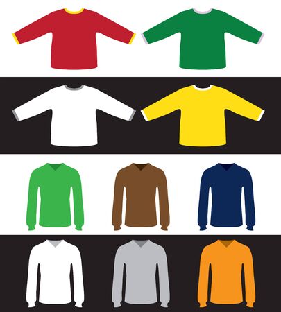 T-shirts with long sleeves for children and adults of different colors without pattern on white and black backgroundのイラスト素材